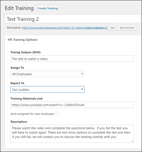 WP-HR Training Module Settings